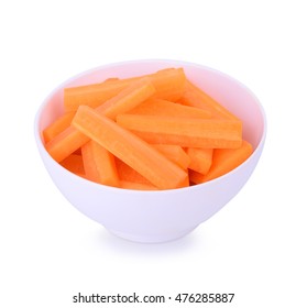 Carrot Sticks In White Bowl Isolated On White 