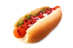 Carrot Vegan Hot Dog With Relish, Ketchup And Onions Isolated On A White Background. Healthy Plant Based Meatless Meal Concept.