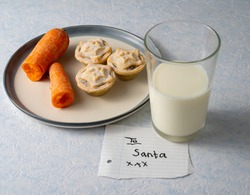 A Carrot, Yummy Mince Pies, And A Glass Of Milk With A Note "To Santa", A Christmas Treat For Santa Claus