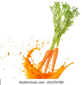 carrots falling into orange juice isolated on white