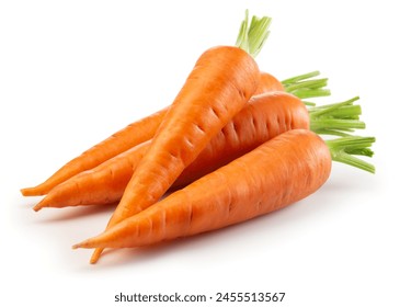 Carrots isolated. Carrot on white background. Four carrots with green leaves. Full depth of field.