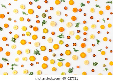 Carrots. Sliced Carrots On White Background. Flat Lay, Top View, Copy Space