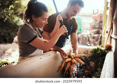 Carrots, wash and smile with couple on farm for agriculture, peace and growth. Teamwork, bonding and produce with man and woman in countryside for eco friendly sustainability, health and environment - Powered by Shutterstock