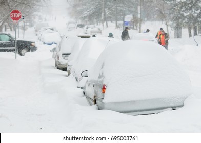 Cars Covered In Snow At Road Side