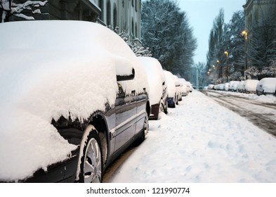 Cars cowered with thick layer of snow in the early morning, Ljubljana (8.12.2012), Slovenia.