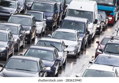 Cars cueing in city traffic in Hamburg, Germany