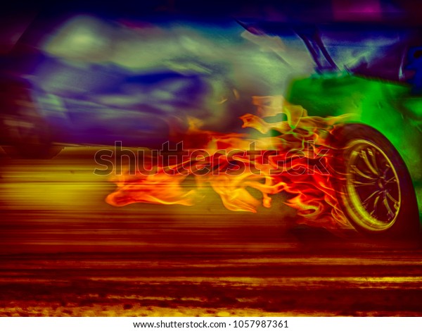 Cars drift racing on speed track with motion\
blurred with noise and grain\
effex