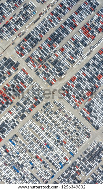 Cars export terminal in export and
import business and logistics. Shipping cargo to harbor. Water
transport International. Aerial view and top
view.