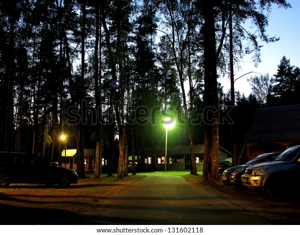 Cars and\
houses in the tourist center at night\
time