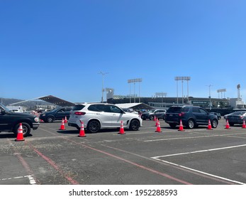 Cars Lining Up For COVID Vaccination At The Oakland Arena. Taken Oakland, CA, April 9, 2021.