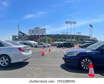 Cars Lining Up For COVID Vaccination At The Oakland Arena. Taken Oakland, CA, April 9, 2021.