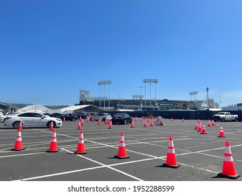 Cars Lining Up For COVID Vaccination At The Oakland Arena. Taken Oakland, CA, April 9, 2021.