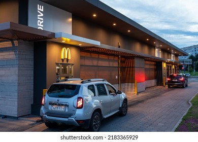 Cars At McDonald's Drive Thru Service. Minsk, Belarus, 2022