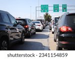 Cars on the road, border checkpoint