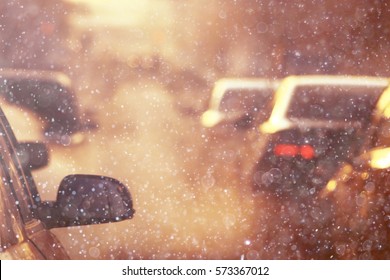 Cars On The Road Snow Frosty Winter Day, The View From The Car