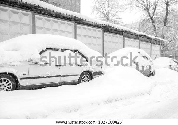 Cars on the street in the\
snow