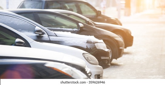 Cars Parked In The City When The Weather Is Bad.
