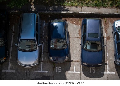 Cars Parked In Front Of Residential Building. View From Above. Covered Parking Spots. Multi Floor Residential Buildings. Concept Of Transportation Parking Problem. 20.06.2021 Belgrade, Serbia