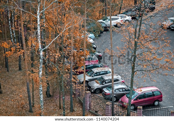 Cars are parked near the fence of the Park\
with autumn trees. The view from the\
top.