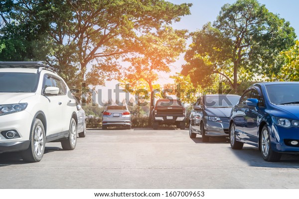 Cars parked in\
parking lot with trees background, empty space for car parking.\
Outdoor parking lot with green environment. nature travel\
transportation technology\
concept\
