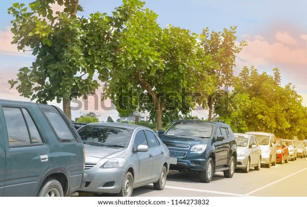 Cars parked in a row on street side\
with trees background, outdoor parking lot in daytime,\
transportation technology in nature green environment\
concept\
