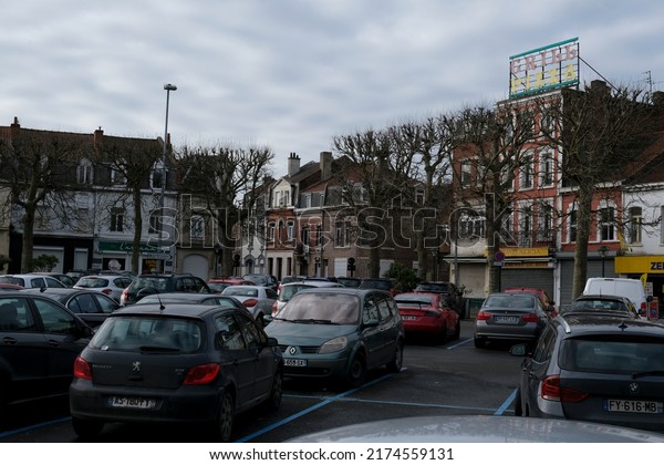 Cars parked seen in streets of Lens, France on Feb.\
1, 2021.