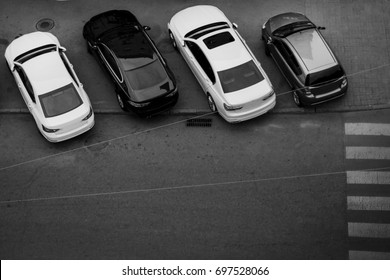 Cars In The Parking Lot. View From Above. Parked Cars. Parking. Black And White Photo