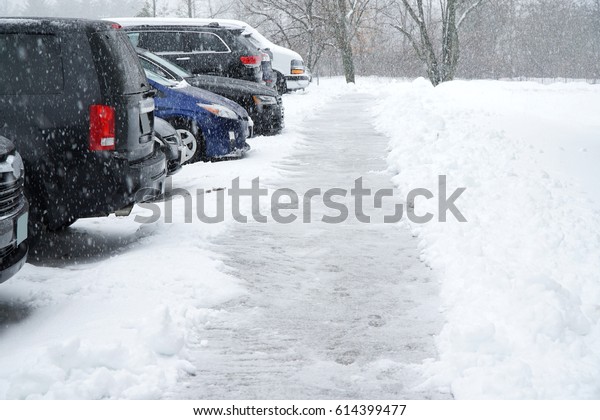 cars parking in a row in\
the blizzard