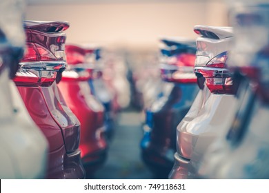 Cars For Sale. Automotive Industry. Cars Dealership Parking Lot. Rows of Brand New Vehicles Awaiting New Owners.