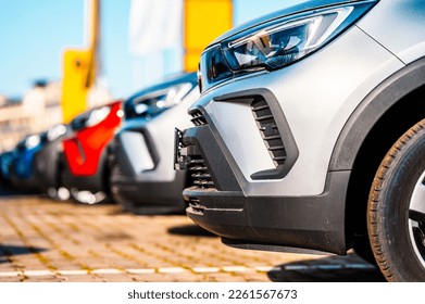 Cars for sale. Dealer inventory. Rows of brand new vehicles awaiting new owners - Shutterstock ID 2261567673