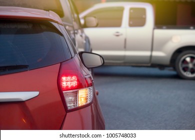 Cars stop on the road by traffic jam on rush hour for business or travel. with turn signal.
