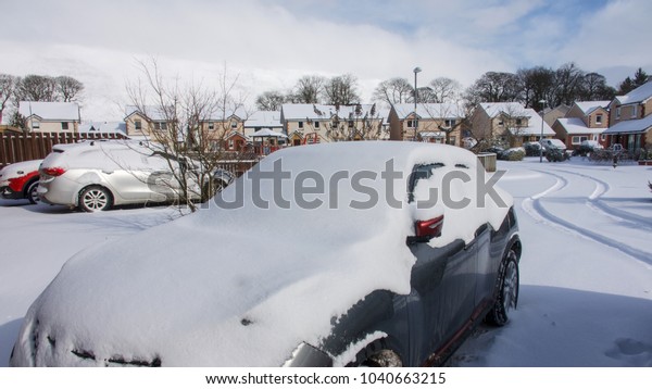 Cars, street and\
houses covered in deep snow.\
