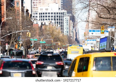 Cars, Taxis And Buses Are Crowded Along 1st Avenue During Rush Hour Traffic In Manhattan New York City NYC