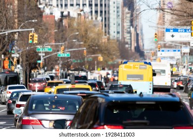 Cars, Taxis And Buses Are Crowded Along 1st Avenue During Rush Hour Traffic In Manhattan New York City NYC