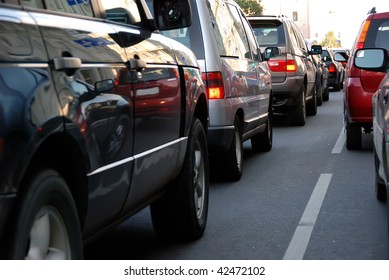 Cars In Traffic Jam In A City During Rush Hour