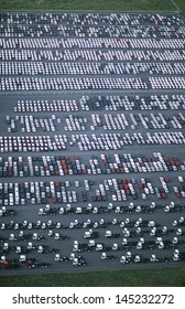 Cars And Trucks Parked In Carpark View From Above