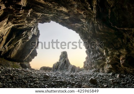 Carsaig Arches rocks formation captured from inside cave, Isle of Mull, Scotland