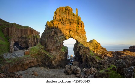 Carsaig Arches - rocks formation in sunset light, Isle of Mull, Scotland