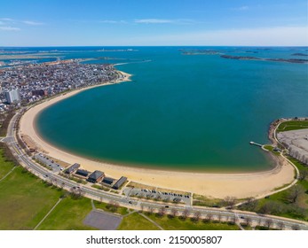 Carson Beach and Dorchester Penninsula historic district aerial view in spring from South Boston, Massachusetts MA, USA.  - Shutterstock ID 2150005807