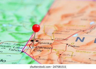 Carson City pinned on a map of USA 