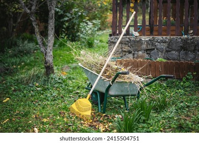 A cart with dry grass and a rake standing in the garden at the backyard of a country house