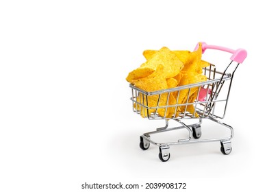 Cart Full Of Corn Chips Tortilla On White Background With Place For Text.