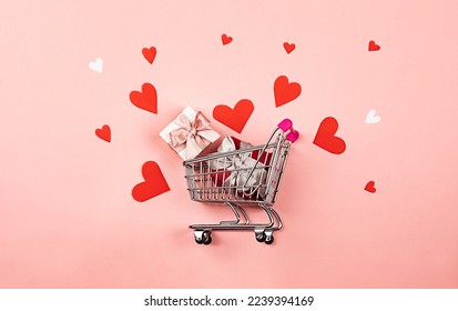 a cart full of gifts, wrapped gift boxes, surprise gift, concept of preparing gifts for celebrations, congratulations on Valentine's Day, happy birthday, mother's day