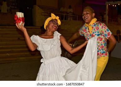 Cartagena, Bolívar/ Colombia; 01/09/2020; Young Couple From The Colombian Caribbean Dance Happily A Folk Dance Of The Region