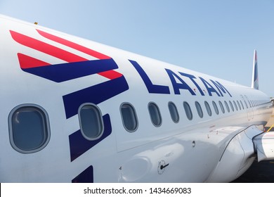 Cartagena, Colombia – January 27, 2019: LATAM Airbus A320 airplane at Cartagena airport (CTG) in Colombia.