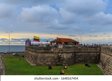 CARTAGENA, COLOMBIA / SEPT. 19, 2019 - People Take In The Sunset View With Some Drinks At Café Del Mar. The Bar And Restaurant Is Located On The Old City Wall. You Need To Get There Early To Enjoy It.