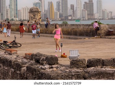 Cartagena De Indias; Colombia; 05 20 2022: Dancer Recording Her Dance With Her Phone On The Wall And Transmitting It To The Internet In Real Time