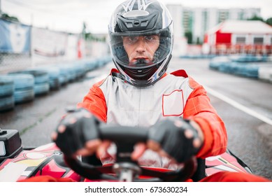 Carting Race, Go Kart Driver In Helmet, Front View