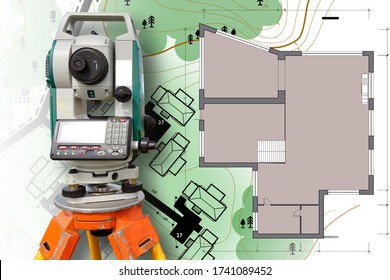 Cartography And Geodesy. Work Of A Surveyor. Measuring Equipment In Construction. Mapping. Theodolite On The Map Background. Theodolite Near The Layout Of The House.