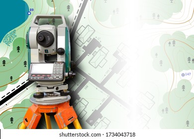 Cartography. Theodolite on the background of a topographic map. Geodesic and cartographic equipment. Study of the area. Mapping. Work of the cartographer. Topography and cartography. - Shutterstock ID 1734043718